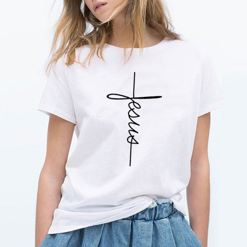 Camiseta feminina com estampa de Jesus
